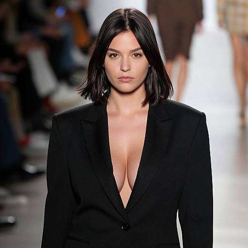 Photograph of a confident woman with straight black shoulder-length hair, wearing a deep V-neck black blazer, walking down a brightly lit runway.