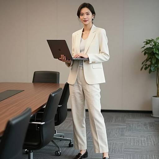 Photograph of a confident Asian woman in a white business suit, holding a black tablet, standing in a modern office with a wooden conference table and black