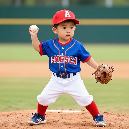 Photograph of an Asian toddler pitcher in a red A's baseball uniform, white pants, red socks, and blue cleats, mid-throw on