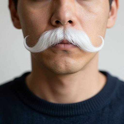Close-up photograph of a man with light brown skin, black sweater, and prominent white mustache, focusing on his face and upper chest.