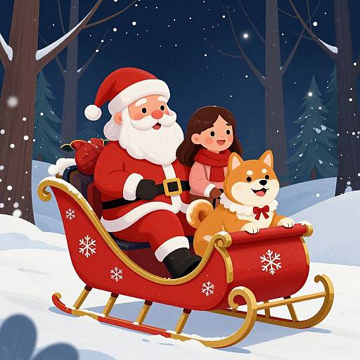 Digital illustration of Santa Claus in red suit with white trim, brown-haired girl, and tan corgi in red sleigh through snowy forest at night