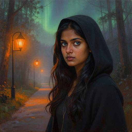Digital painting of a young woman with dark hair, wearing a black hooded jacket, standing on a misty forest path with glowing orange street lamps and