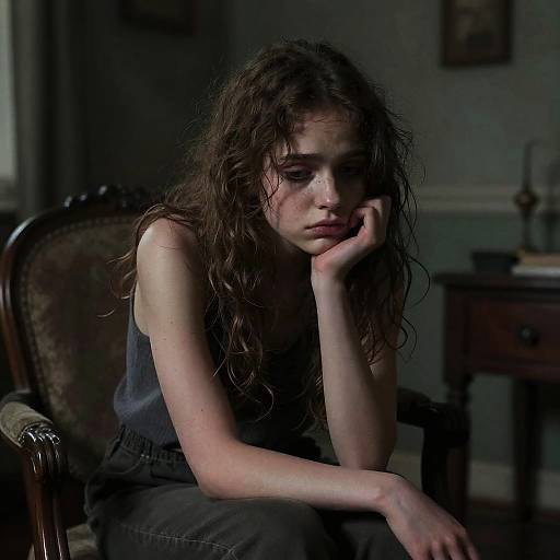 Sad teenage girl with wet, curly brown hair, wearing a navy tank top and black pants, rests her head on her hand in a dimly lit