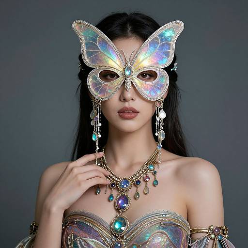 Photograph of an Asian woman with long black hair wearing a iridescent butterfly mask, ornate gold jewelry, and a strapless, shimmering