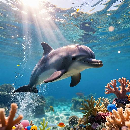Playful Dolphin in Sunlit Coral Reef