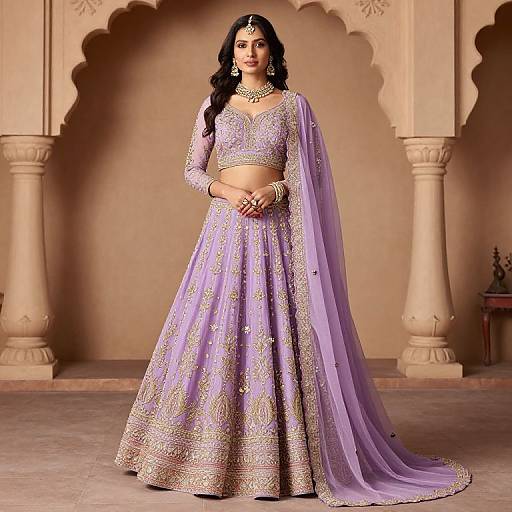 Photograph of a South Asian woman in a lavender traditional lehenga with gold embroidery, long sleeves, and a matching dupatta, standing in an orn