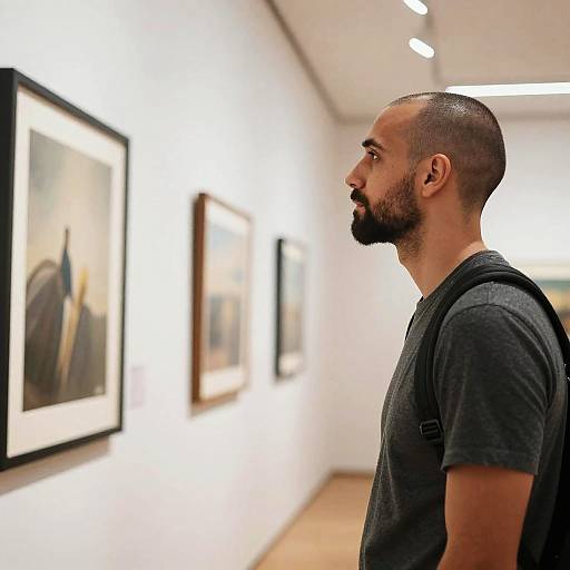 Photograph of a bearded man with a bald head, wearing a dark gray t-shirt, standing in an art gallery, looking at framed paintings on