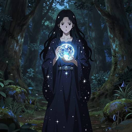 Digital anime-style drawing of a long-haired woman in a black robe holding a glowing, starry Earth in a dark, mystical forest.