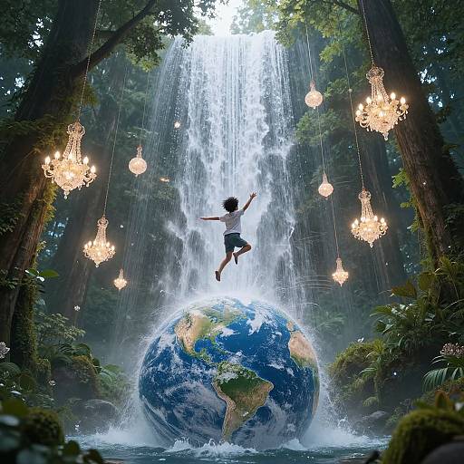 Digital artwork: Silhouetted child leaping joyfully from a giant Earth under a cascading waterfall, surrounded by glowing chandeliers in a