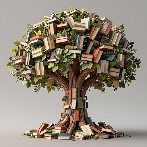 Digital illustration of a tree with a thick, twisted trunk and branches adorned with various books, surrounded by green leaves. Books are stacked and hanging from branches