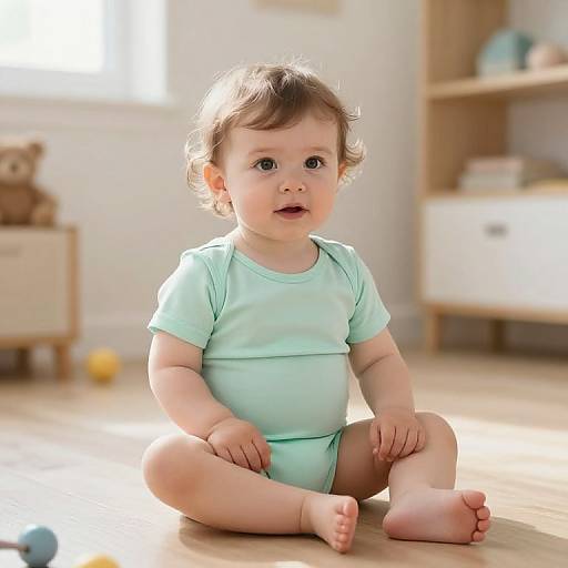 Photograph of a cute, light-skinned toddler with curly brown hair, wearing a light mint-green onesie, sitting on a wooden floor in a