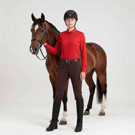 Photograph of a man in a red shirt, black riding pants, and helmet, standing confidently with a brown horse on a white background.
