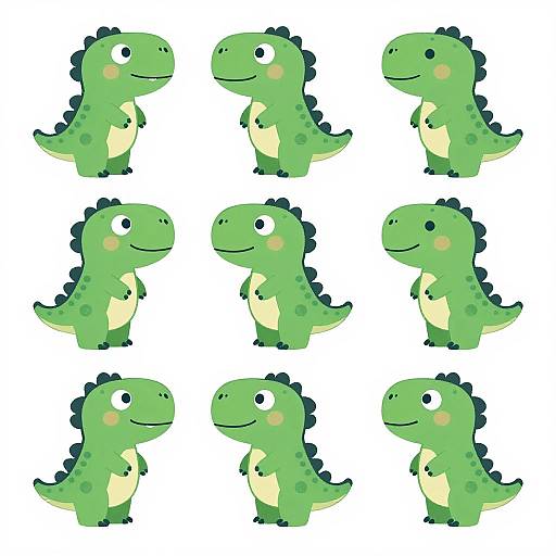 Cartoon illustration of nine green, cute, smiling, baby dinosaurs with black spines, white bellies, and pink cheeks, arranged in a 