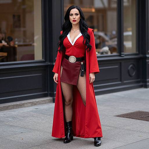 Photograph of a confident woman with long black hair, wearing a red V-neck dress with a deep thigh slit, fishnet stockings, black boots,