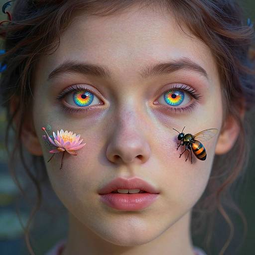 Photograph of a young woman with striking, iridescent blue eyes, a pink lotus flower on her left cheek, and a bee on her