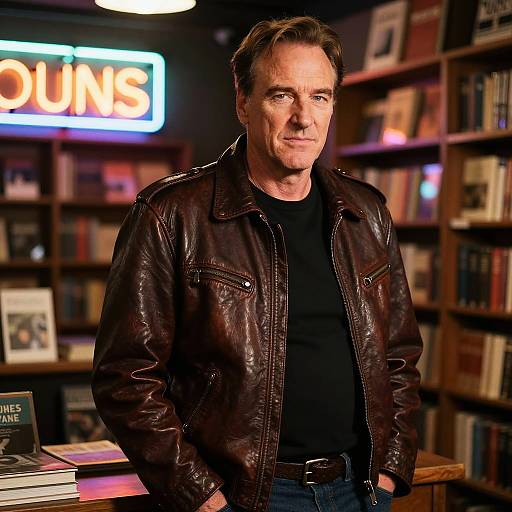 Man in Leather Jacket in Bookstore