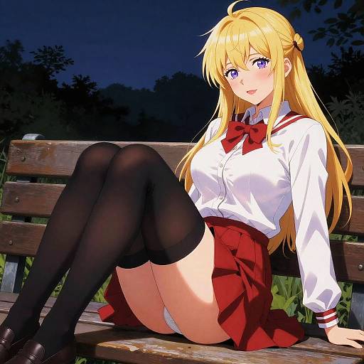 Anime-style digital artwork of a blonde girl with blue eyes, wearing a white shirt, red bow tie, red skirt, black thigh-highs, sitting