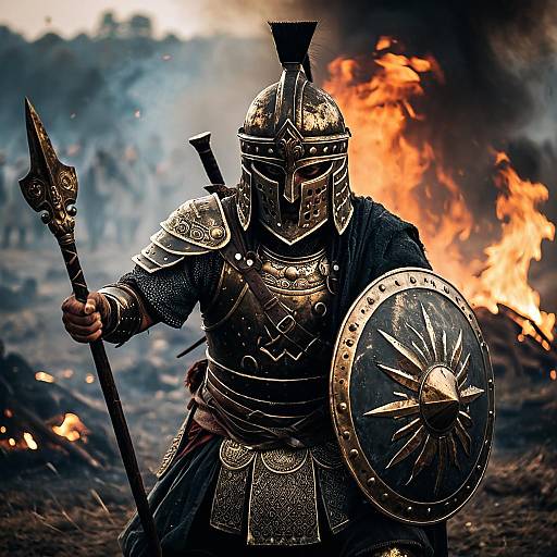 Ancient Warrior King in Bronze Armor on Fiery Battlefield