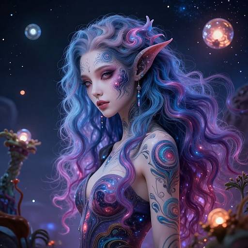 Digital fantasy artwork of a beautiful, ethereal elf woman with long, wavy, blue-purple hair, intricate tattoos, and glowing starry night background