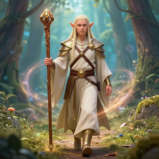 Digital fantasy artwork of an elf with long blonde hair, white robe, golden armor, holding a staff, casting a magical ring in a sunlit forest