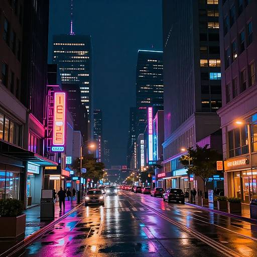 Neon-lit urban street at night, wet pavement reflecting colorful neon signs, tall buildings, and illuminated storefronts, with cars driving down. Phot