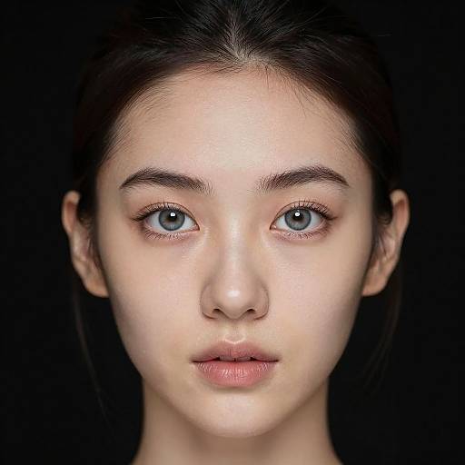 Close-up photograph of a young woman with fair skin, blue eyes, and dark brown hair, set against a black background.