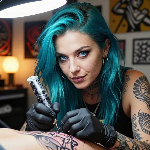Photograph of a blue-haired tattoo artist with piercings, tattoos, and hoop earrings, concentrating on tattooing a client's leg under bright studio
