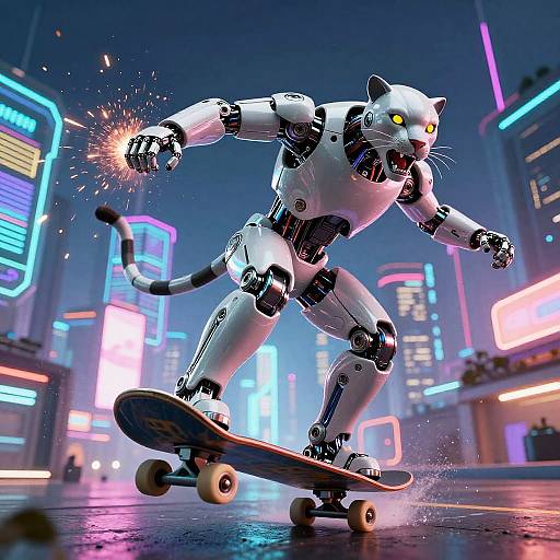 Robotic Panther Skateboarding in Neon City