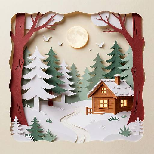 Digital illustration of a cozy wooden cabin in a snowy forest, lit warmly, with a full moon overhead, surrounded by red trees and green pine trees.