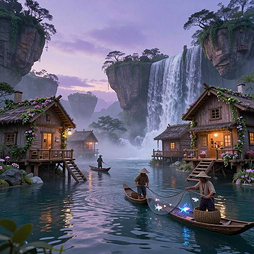 Fantasy CGI scene: Wooden houses on stilts by a serene lake, two fishermen with nets, towering cliffs, and a large waterfall at dusk.