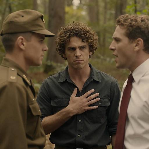 Intense Confrontation Among Three Men in Forest