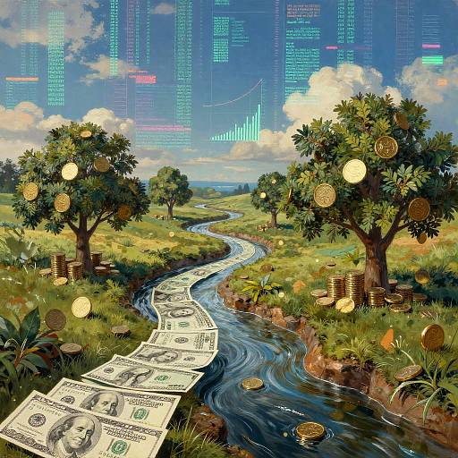 Surreal Economics Landscape with Currency Rivers