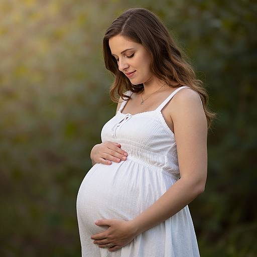Photograph of a pregnant woman with long brown hair, wearing a white, sleeveless dress, gently cradling her baby bump, set against a
