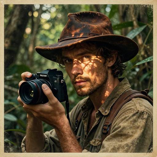 Photograph of a bearded man with curly hair, wearing a brown hat and beige shirt, holding a Canon camera in a sunlit, dense jungle