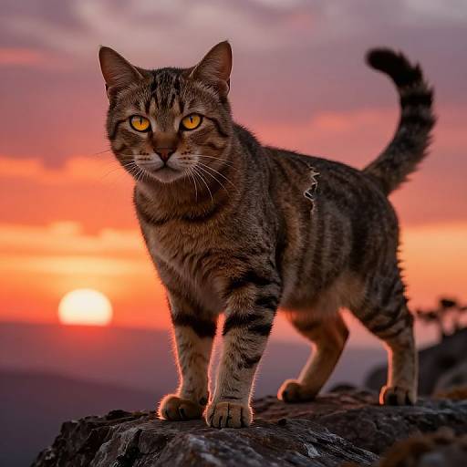 Photograph of a tabby cat with yellow eyes standing on a rock against a vibrant, orange and pink sunset sky.