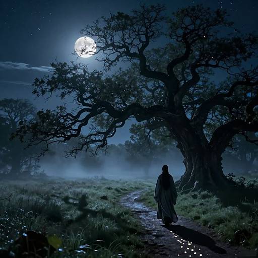 Moonlit night scene: Silhouetted figure in long robe walks on a misty path beneath a gnarled tree, with a bright full