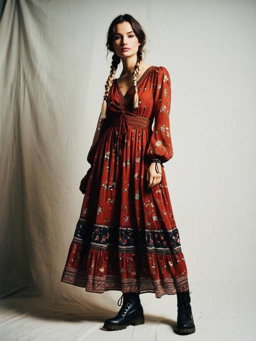 Woman in Red Bohemian Maxi Dress with Combat Boots