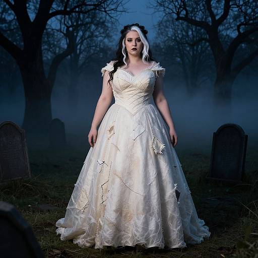 Photograph of a plus-sized woman with black and white hair in a white, lace-embellished wedding dress, standing in a misty graveyard