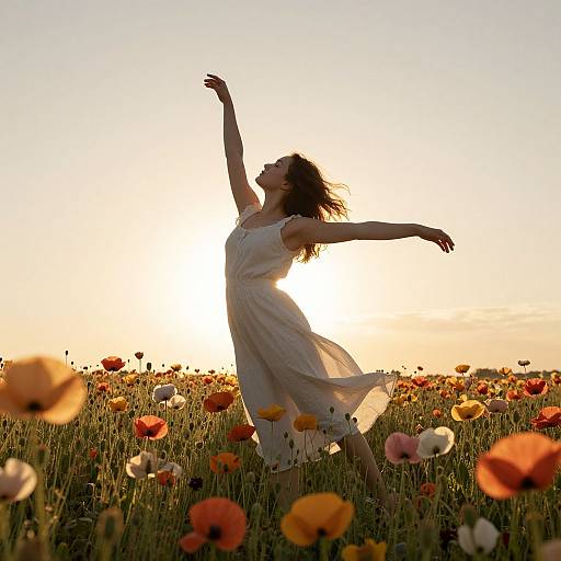 Photograph of a woman in a flowing white dress dancing in a sunlit poppy field, arms raised, surrounded by colorful flowers.