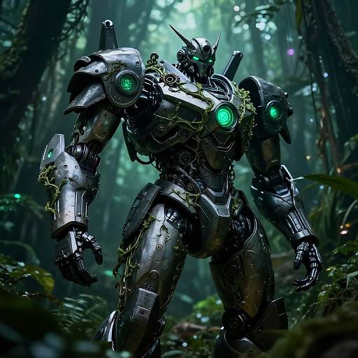 CGI image of a glowing, black, robotic warrior with green eyes, moss-covered armor, standing in a dense, misty forest.