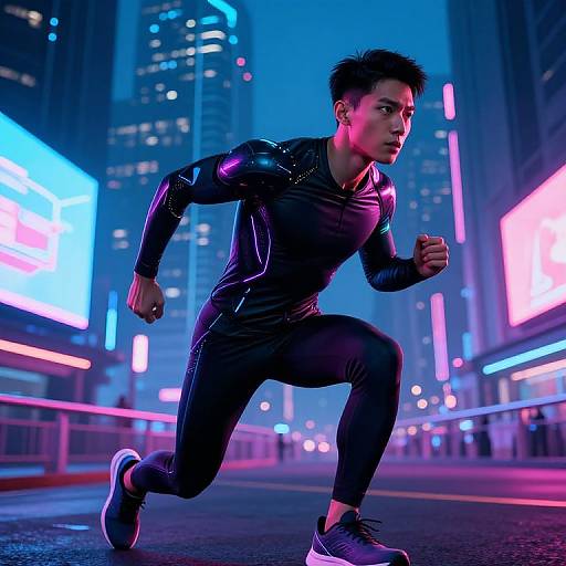 Photorealistic digital art: Asian man in black, shiny, form-fitting suit and sneakers sprints through a neon-lit, cyberpunk city