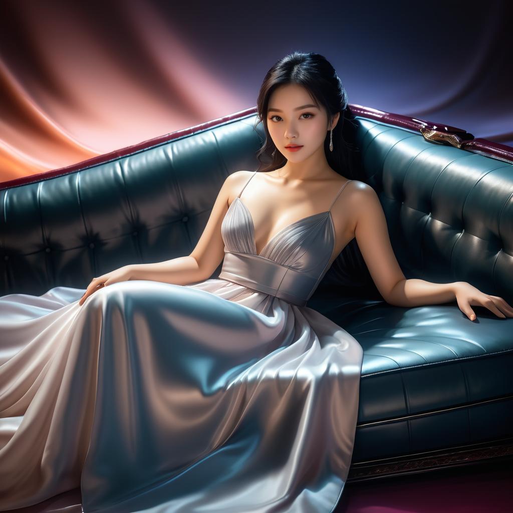 Dreamy Young Asian Woman on Sofa