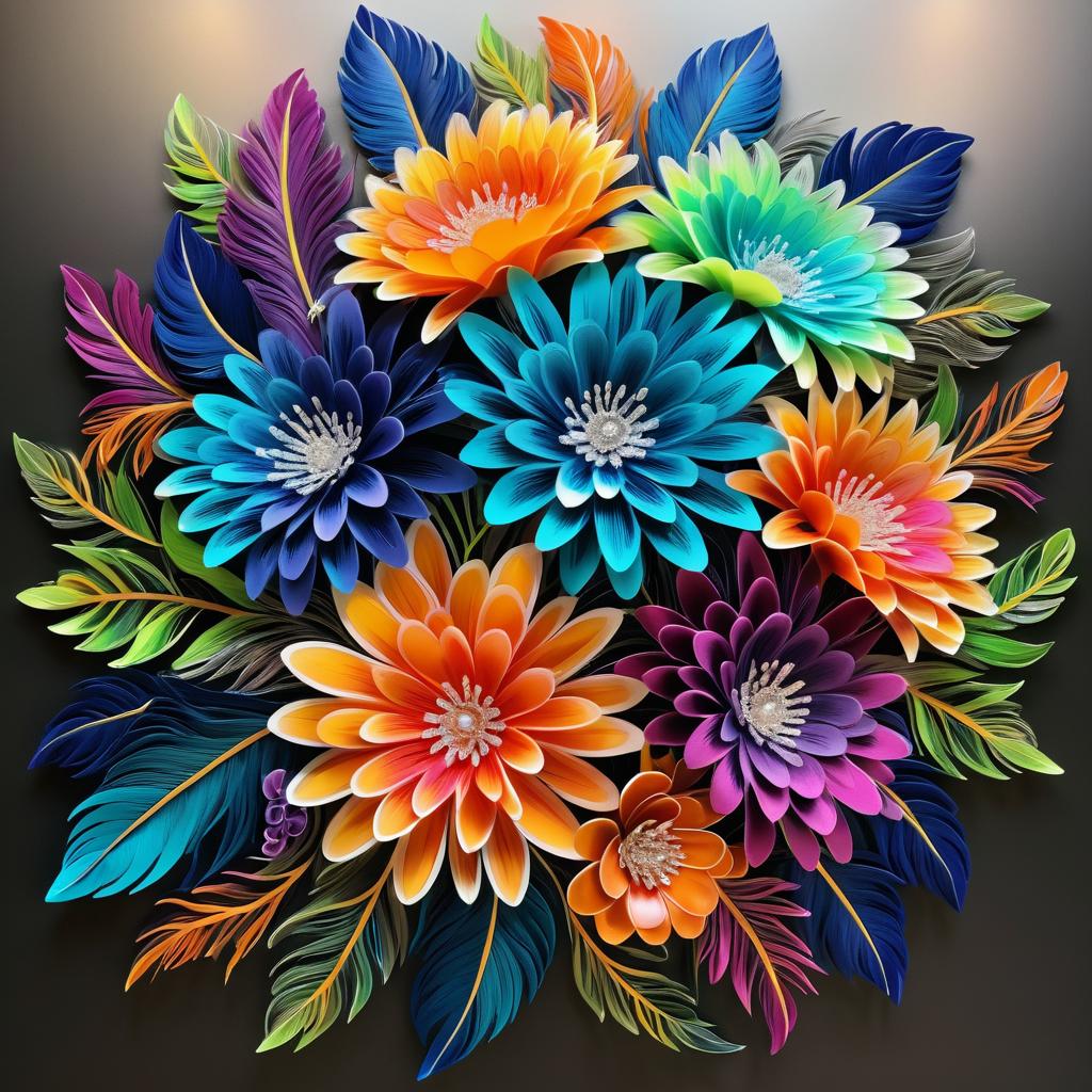 Vibrant Feather Flower Bouquet Art