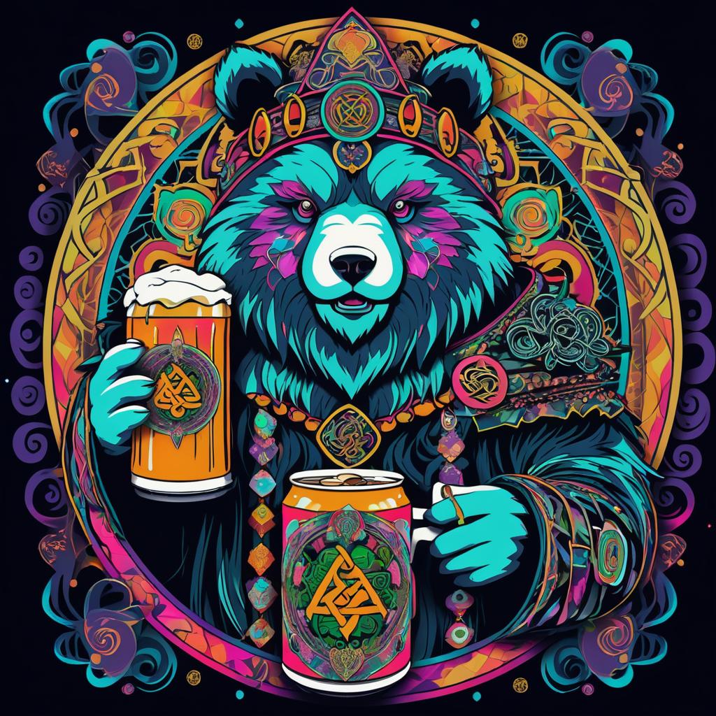 Psychedelic Bear with Brews in Anime Style