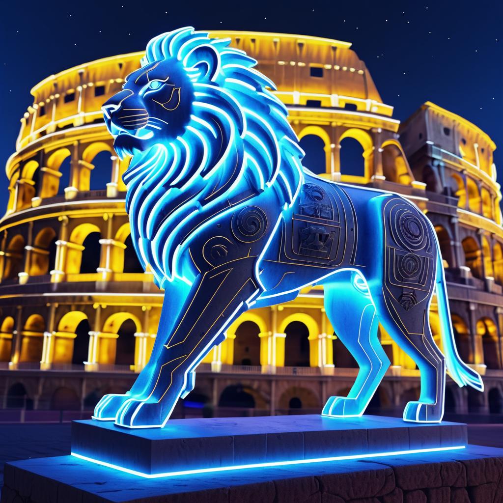 Futuristic Neon Lion Statue at Colosseum