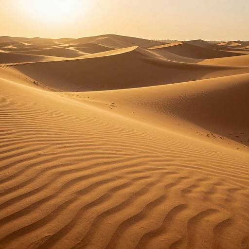 Photograph of golden sand dunes at sunset, with rippled textures and soft shadows, creating a warm, serene desert landscape.