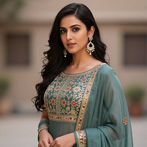 Photograph of a beautiful South Asian woman with long black hair, wearing a green traditional embroidered outfit and intricate gold earrings, standing outdoors with a blurred background