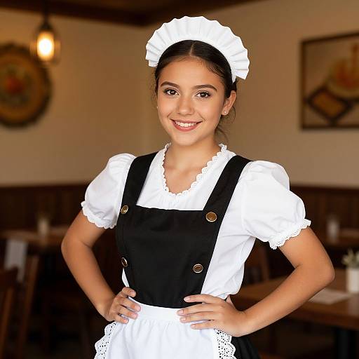 Photograph of a smiling young woman with medium skin tone, wearing a traditional black and white French maid outfit, standing in a warmly lit, vintage-style