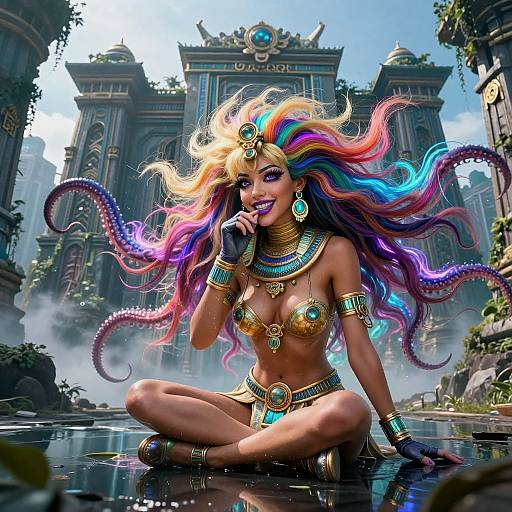 Digital artwork of a topless, multicolored-haired woman with tentacle-like hair, gold jewelry, seated in a mystical, ancient temple courtyard.