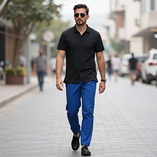 Photograph of a bearded man with dark hair, wearing black shirt, blue pants, black shoes, and sunglasses, walking down a blurred urban street
